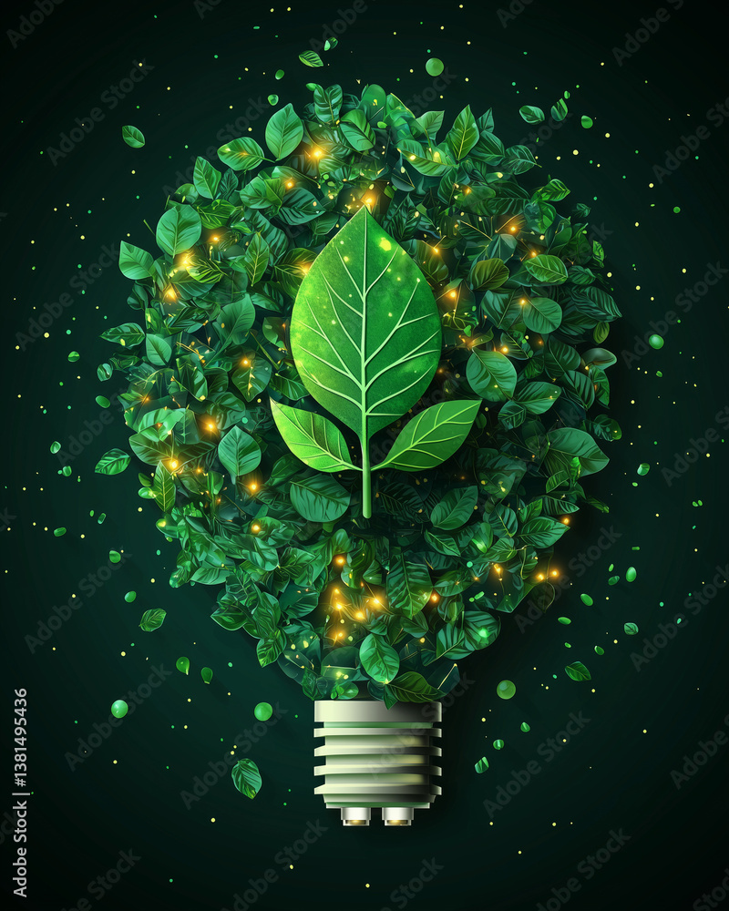 Eco energy concept with green leaf inside light bulb – sustainability illustration