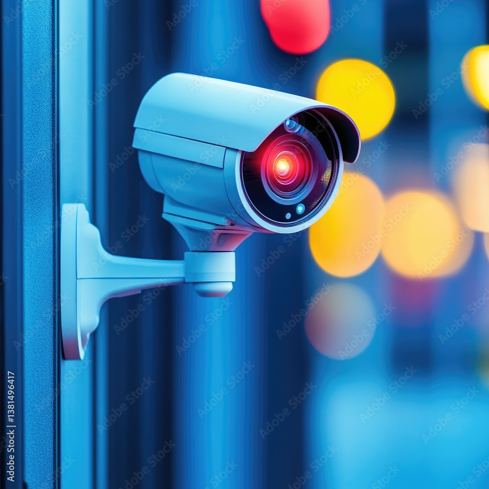 Modern Security CCTV Camera Mounted on Wall at Night with City Lights Background Modern Security CCTV Camera Mounted on Wall at Night with City Lights Background
