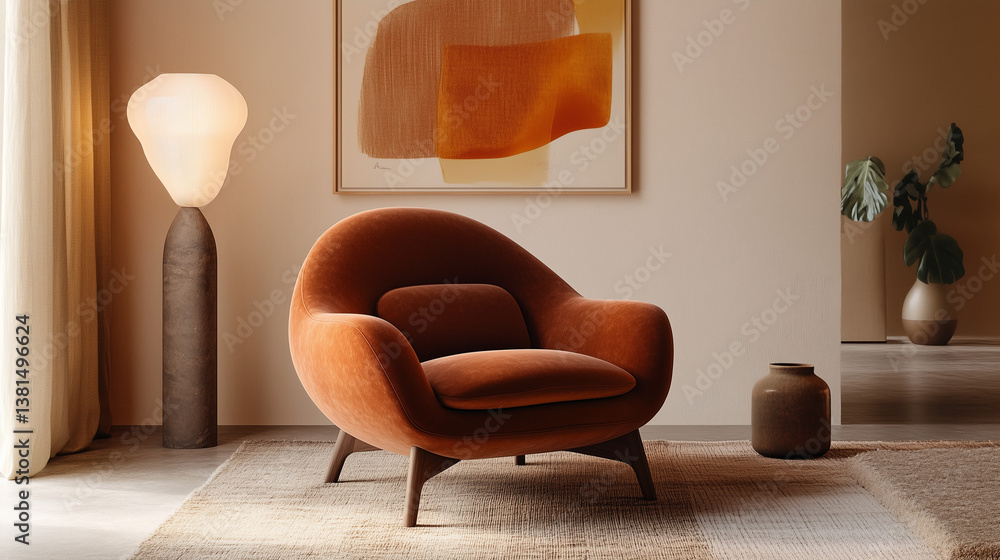 Modern accent armchair in burnt orange velvet – cozy contemporary interior