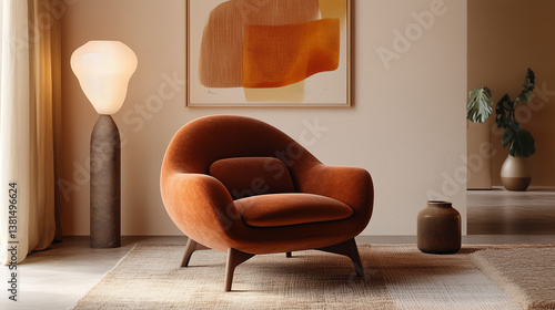 Modern accent armchair in burnt orange velvet – cozy contemporary interior