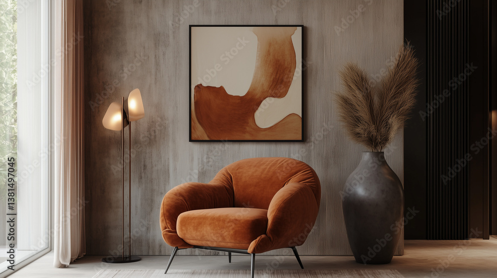 Modern accent armchair in burnt orange velvet – cozy contemporary interior