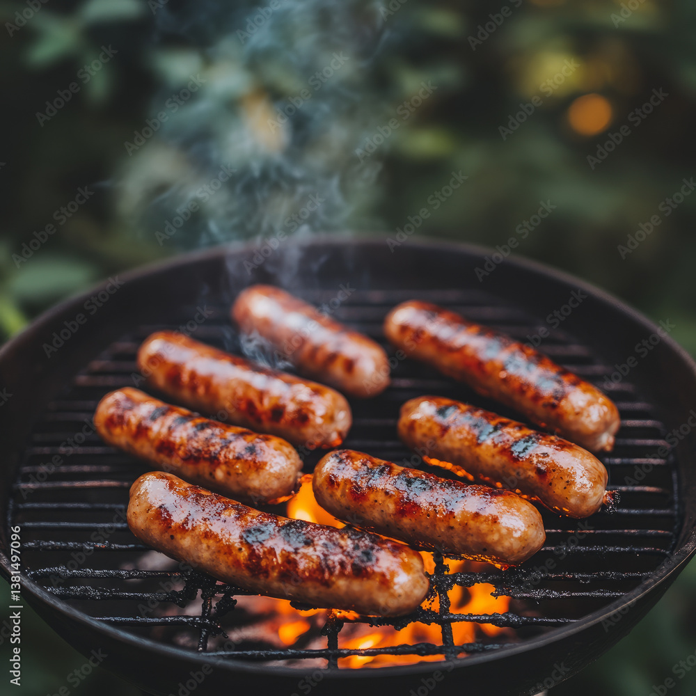 Sausages grilling on a barbecue with flames and smoke. Sausages grilling on a barbecue with flames and smoke.