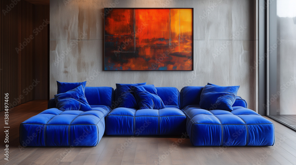 Bold electric blue modular sofa in modern interior with concrete wall
