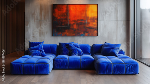 Obraz na płótnie Bold electric blue modular sofa in modern interior with concrete wall w salonie