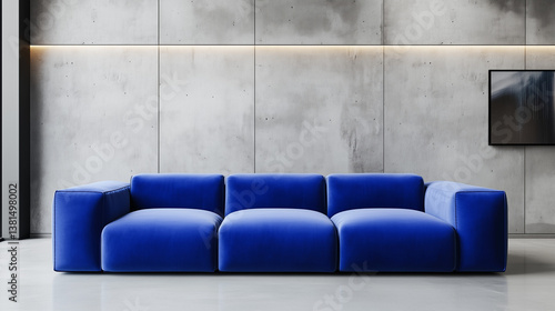 Bold electric blue modular sofa in modern interior with concrete wall