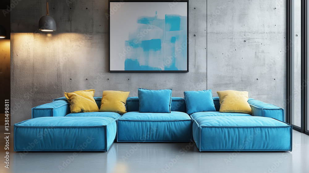 Bold electric blue modular sofa in modern interior with concrete wall