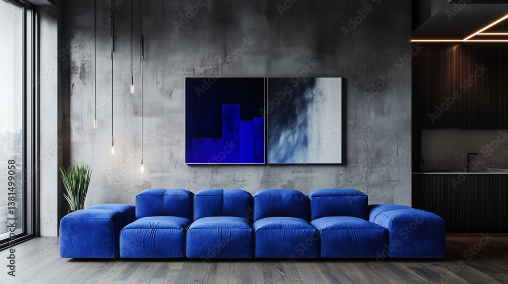 Bold electric blue modular sofa in modern interior with concrete wall