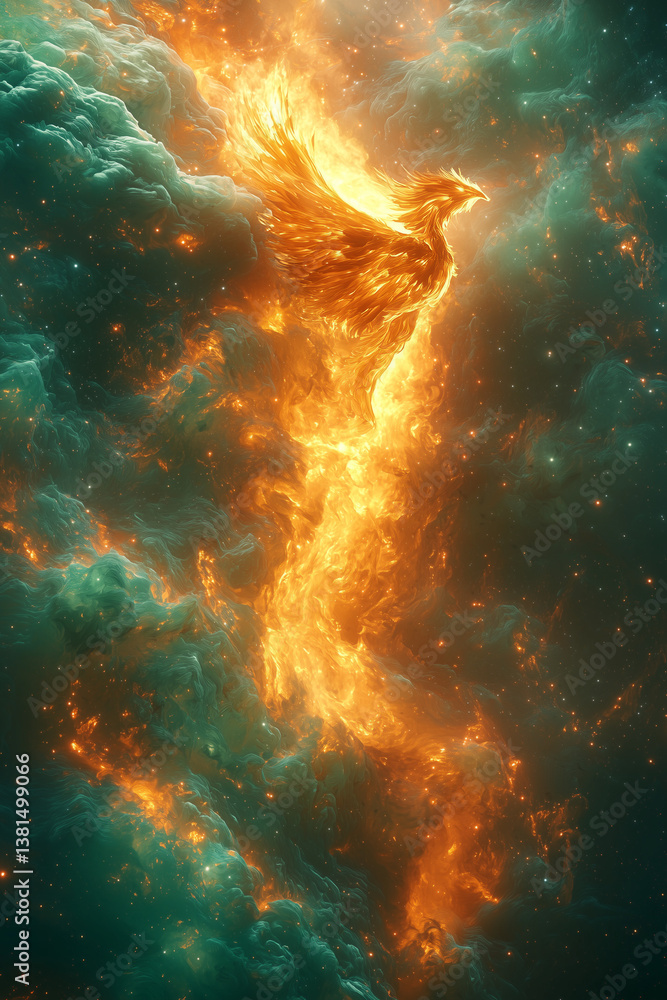 Cosmic phoenix rising in space flames – fantasy bird in nebula firestorm