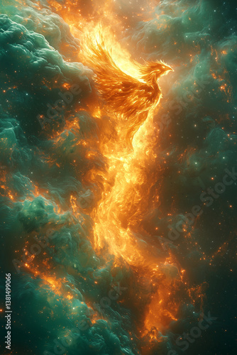 Obraz na płótnie Cosmic phoenix rising in space flames – fantasy bird in nebula firestorm w salonie