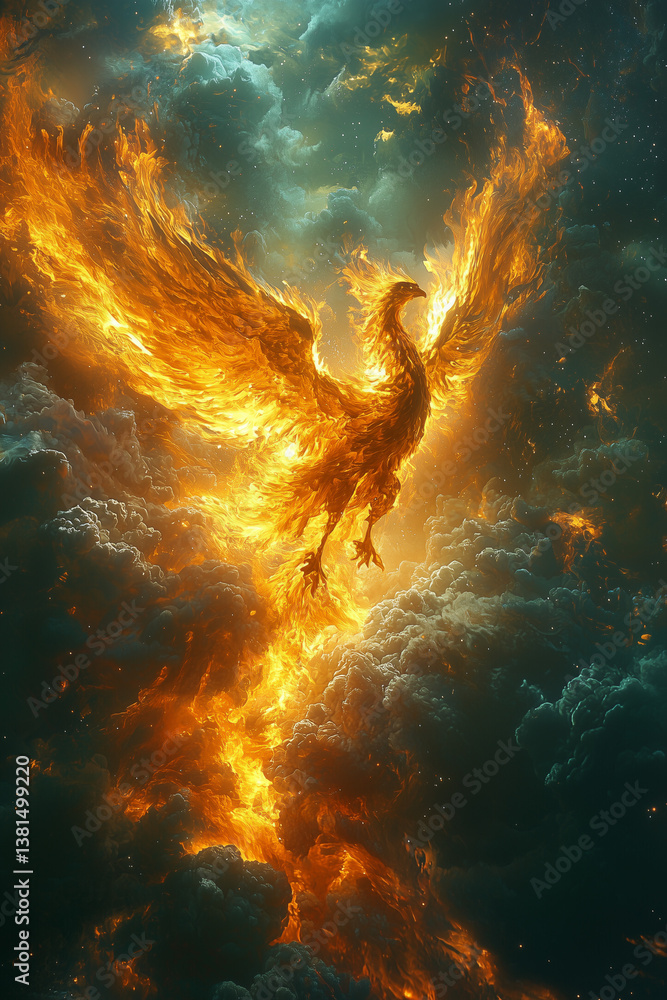 Cosmic phoenix rising in space flames – fantasy bird in nebula firestorm