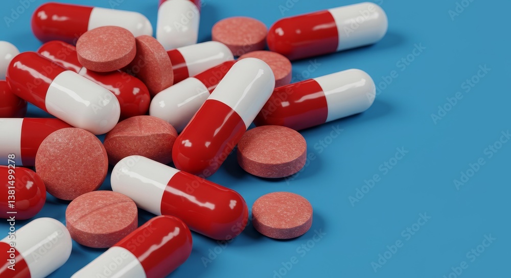 Red and White Capsules and Tablets - Close-up view of numerous red and white capsules and tablets scattered on a blue background Red and White Capsules and Tablets - Close-up view of numerous red and white capsules and tablets scattered on a blue background