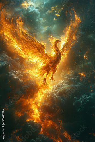Obraz na płótnie Cosmic phoenix rising in space flames – fantasy bird in nebula firestorm w salonie