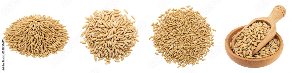 Four oat grain arrangements with bowl and scoop. Four oat grain arrangements with bowl and scoop.