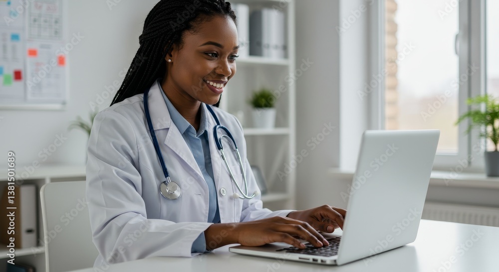 Doctor Using Laptop in Office - A smiling Black female doctor uses a laptop computer in her bright office. She is wearing a white coat and stethoscope Doctor Using Laptop in Office - A smiling Black female doctor uses a laptop computer in her bright office. She is wearing a white coat and stethoscope