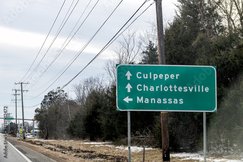 Road highway 29 south in northern Virginia with signpost directions to Manassas, Culpeper and Charlottesville car point of view