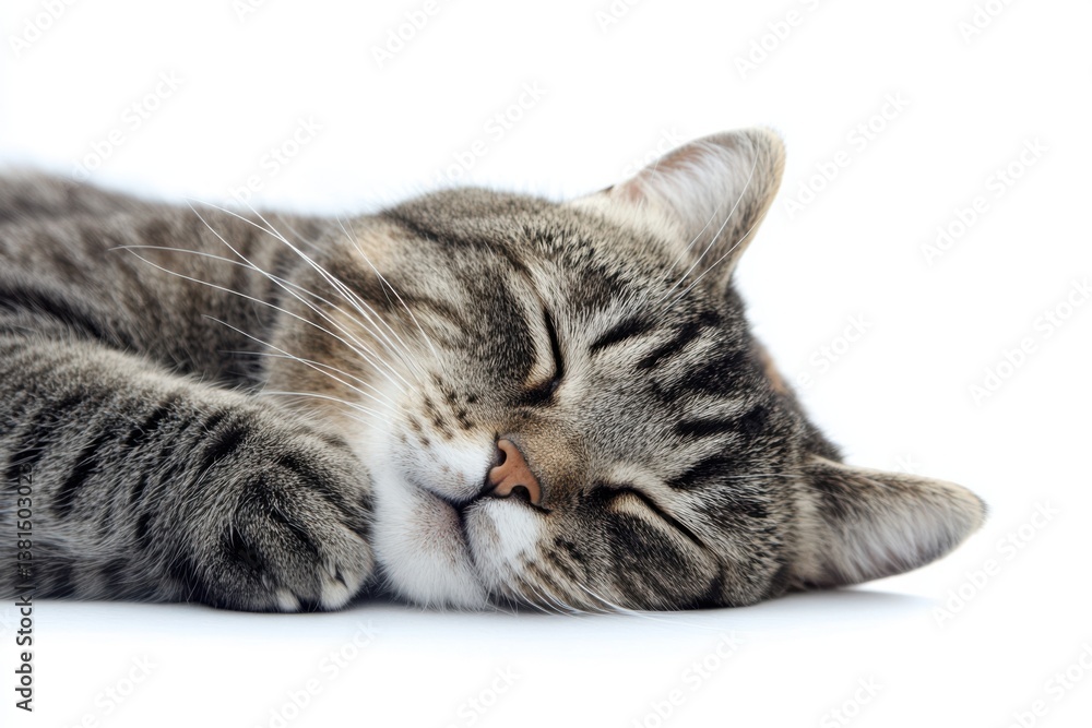 Gray tabby cat lying down on a white background, full-body portrait, isolated with a clipping path. Studio shot with soft lighting, detailed fur texture, and calm expression. Gray tabby cat lying down on a white background, full-body portrait, isolated with a clipping path. Studio shot with soft lighting, detailed fur texture, and calm expression.