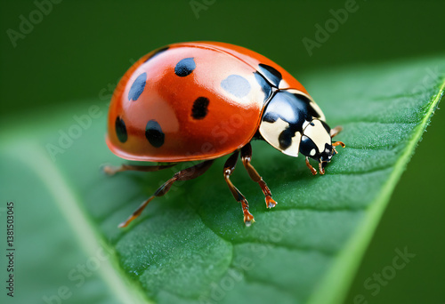 Close-up of a ladybug. It has a shiny shell red color with black spots and is positioned on a green leaf against a blurred green background.