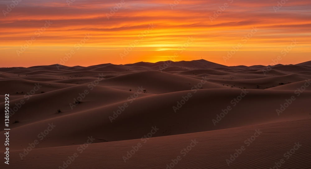 Fototapeta premium Desert Sunrise Glow - Amber and red dunes bathed in the warm glow of sunrise, symbolizing new beginnings, warmth, adventure, serenity, and vastness