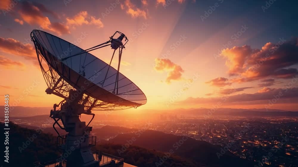 A large satellite dish stands silhouetted against a vibrant sunset, showcasing a breathtaking blend of colors over a sprawling city and distant mountains A large satellite dish stands silhouetted against a vibrant sunset, showcasing a breathtaking blend of colors over a sprawling city and distant mountains