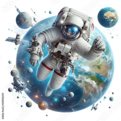 Astronaut floating in space isolated on white background