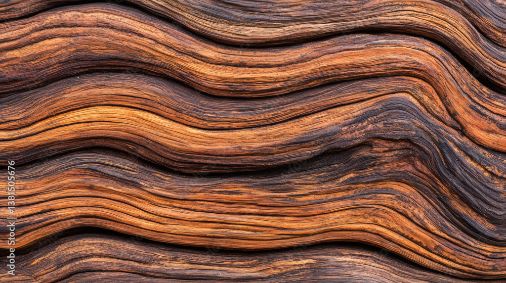 A close-up view of textured wood with wavy patterns and rich brown hues, showcasing natural beauty and intricate details.