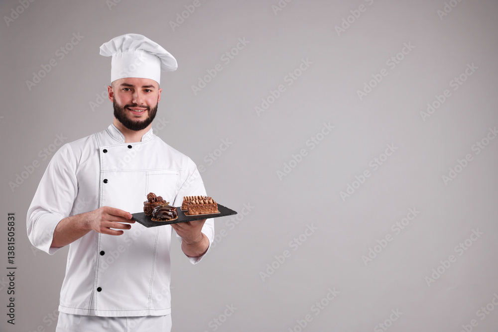 Happy confectioner in uniform holding delicious chocolate desserts on light grey background, space for text Happy confectioner in uniform holding delicious chocolate desserts on light grey background, space for text