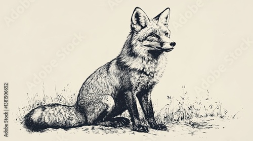 Black-and-white sketch of a fox in vintage engraving style, wild animal silhouettes in a classic look