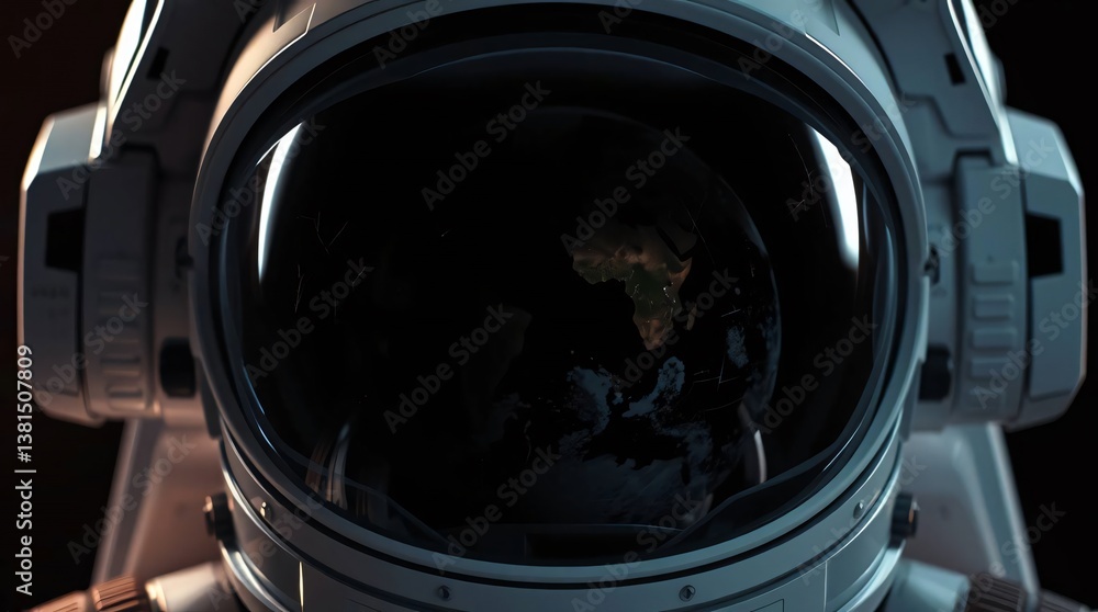 modern astronaut helmet The visor reflects Earth with visible scratches and reflections modern astronaut helmet The visor reflects Earth with visible scratches and reflections