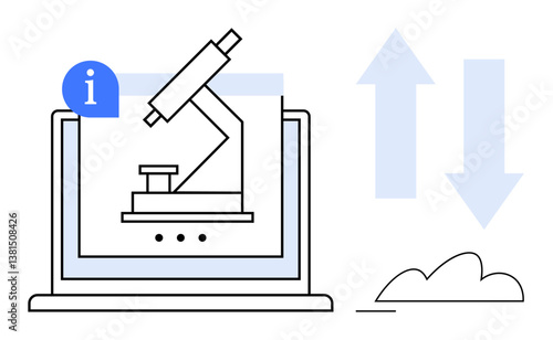 Free Download Microscope on computer screen representing digital research. Includes info icon, data up-down arrows, and cloud. Ideal for science, data analysis, technology, research, innovation education digital - GFXLoad
