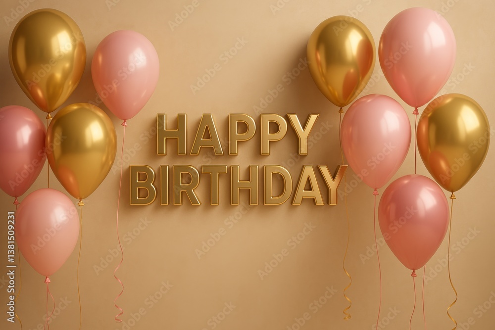 Naklejka premium Bright and Festive Birthday Decorations With Golden and Pink Balloons on a Warm Background