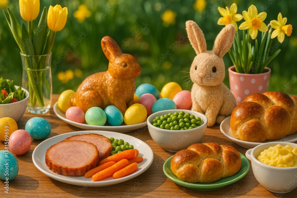 Fototapeta premium Colorful Easter Brunch Spread With Food, Bunnies, and Decorated Eggs in a Sunny Garden
