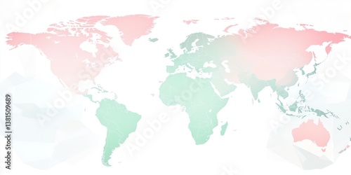 A world map in pastel colors of light pink and soft green, on a white background
