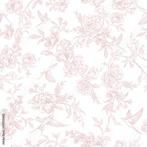 Tender  Floral pink seamless pattern, Elegant Line Art Design