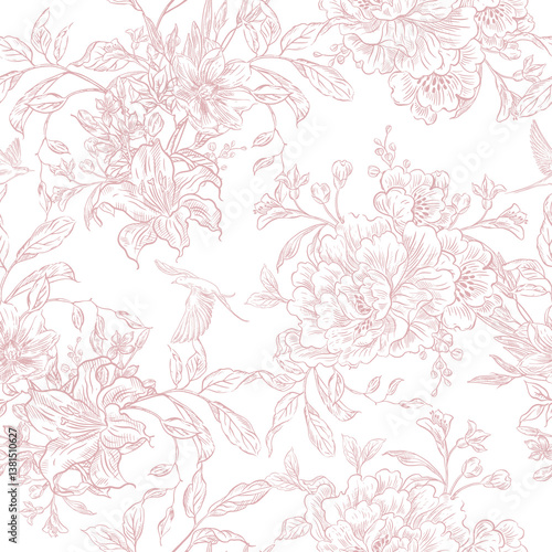 Tender  Floral pink seamless pattern, Elegant Line Art Design