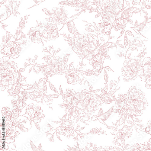 Tender  Floral pink seamless pattern, Elegant Line Art Design