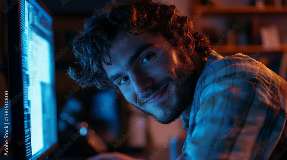 Man with curly hair looking at computer screen with code in a dimly lit room with a playful expression Man with curly hair looking at computer screen with code in a dimly lit room with a playful expression