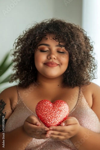 Cute valentine's day greeting from smirk face chubby brazilian young woman. Small sparkling rhinestones heart in hands is a gift. Romantic love note. Cute funny confession. Cute confession.