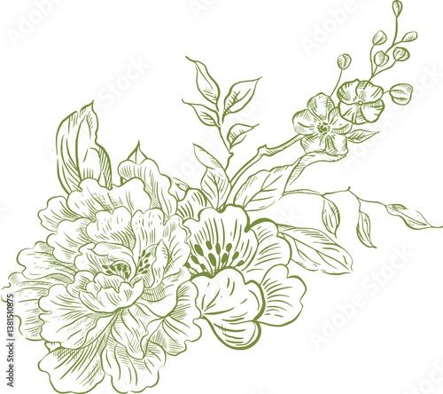 Graphic card with flowers and birds. IllustrationGraphic bouquet with flowers and birds. Illustration