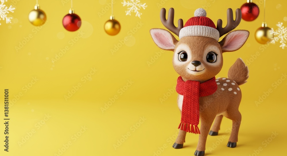 Naklejka premium Festive Deer Holiday Card - Adorable 3D deer wearing winter clothes against a yellow background. Symbolizes joy, warmth, holiday spirit, cuteness, and winter