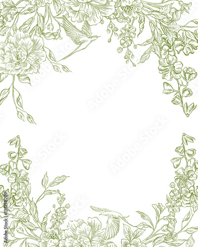 Graphic card with flowers and birds. Illustration