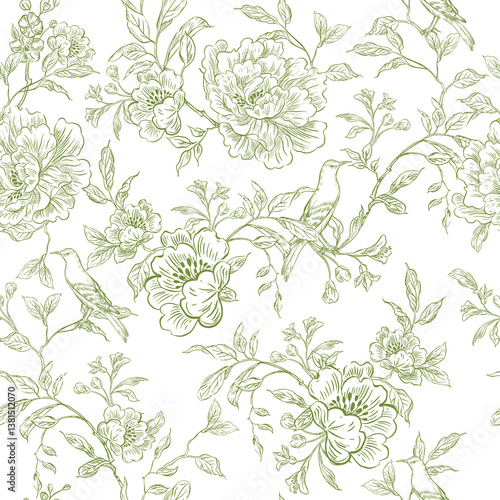 Graphic seamless pattern with flowers and birds. Illustration
