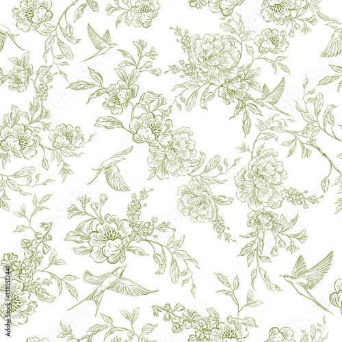 Graphic seamless pattern with flowers and birds. Illustration