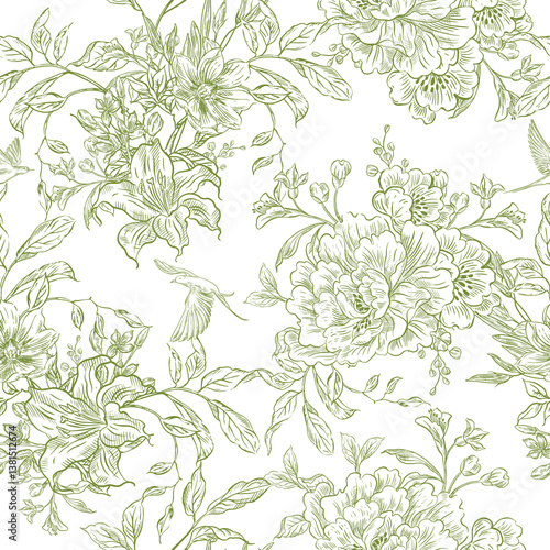 Graphic seamless pattern with flowers and birds. Illustration
