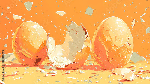 Several broken eggs on a yellow background. Broken Cosmos. Illustration