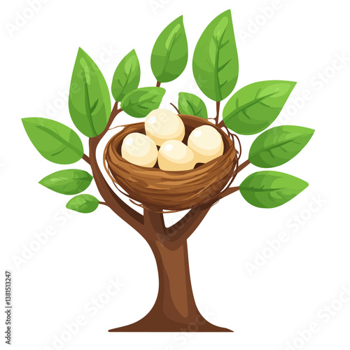 A Birds Nest With Eggs On A Tree 2D flat vector illustration, isolated on a white background.