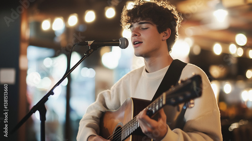 A young Indian musician performing at a cozy coffee shop