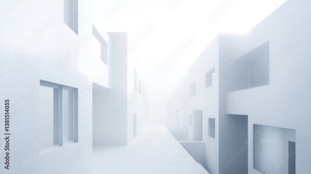 Misty corridor in a modern architectural complex during early morning light Misty corridor in a modern architectural complex during early morning light