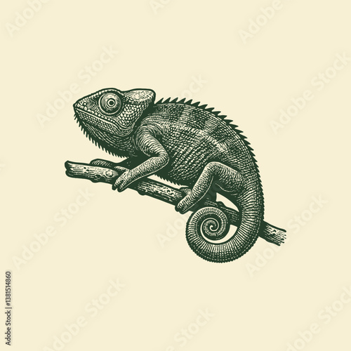 Engraved vintage chameleon illustration on branch