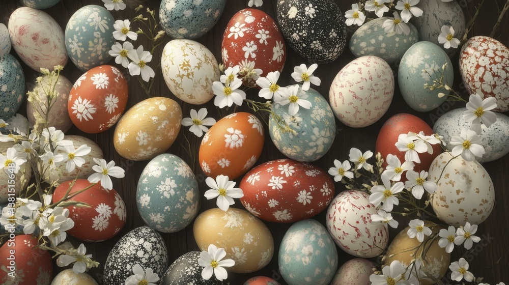 Obraz premium Overhead of Decorative Easter Eggs with White Flowers on Rustic Wood