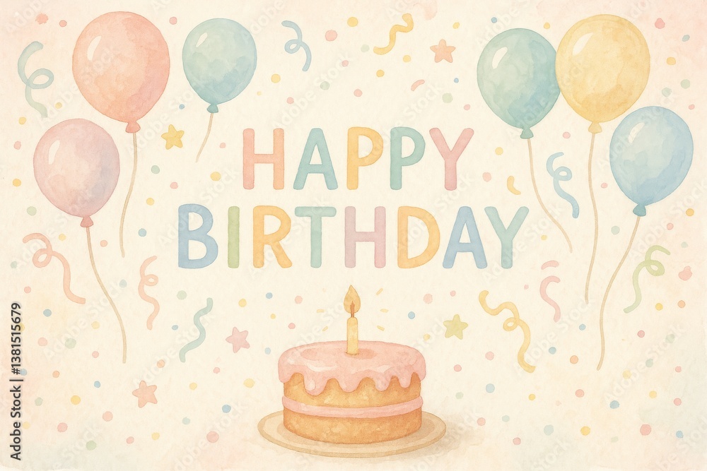 Fototapeta premium Colorful Birthday Celebration With Cake, Balloons, and Festive Decorations in Soft Pastel Tones